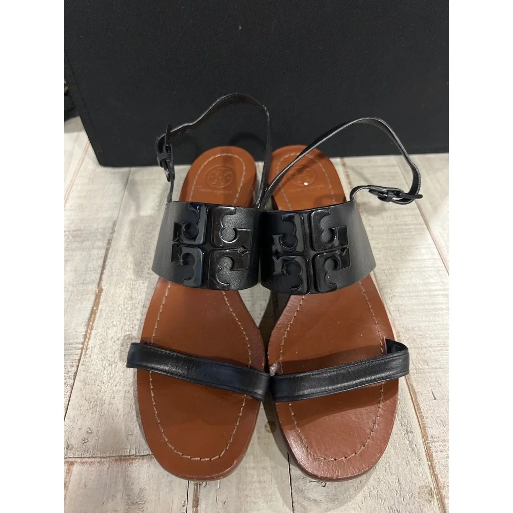 Tory Burch Lowell Black Leather Logo Buckle Block Heel Sandals Womens 8.5M Prepp